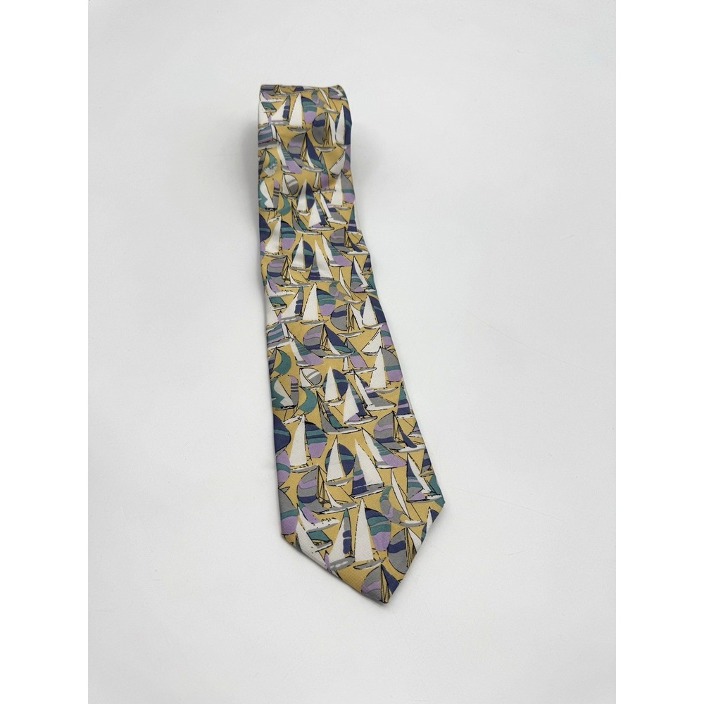 VTG Lands End Yellow Tie Handsewn USA Sailboat Yacht Nautical East Coast Preppy